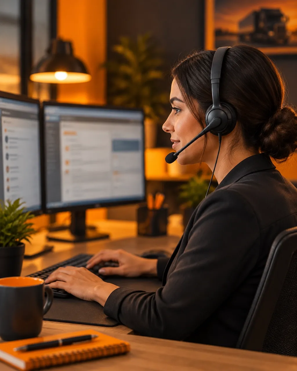 Virtual assistant working at a computer with a headset