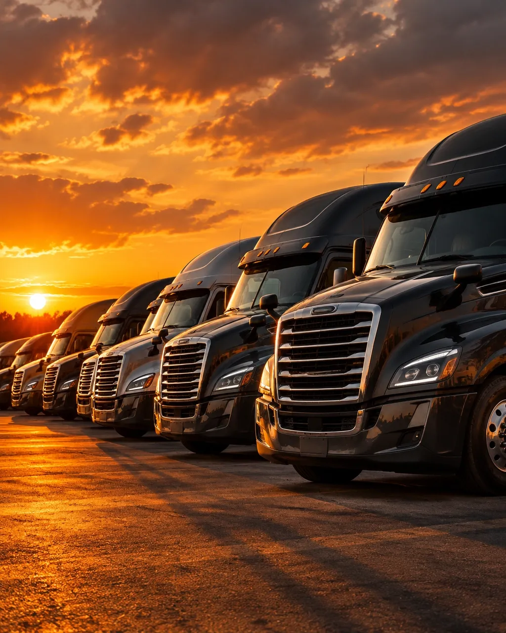 Line of semi trucks in a carrier fleet yard