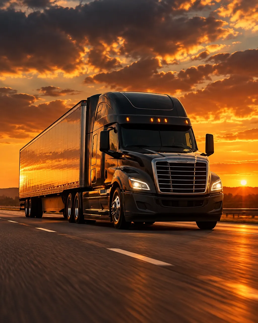 Semi truck driving on a highway at sunset
