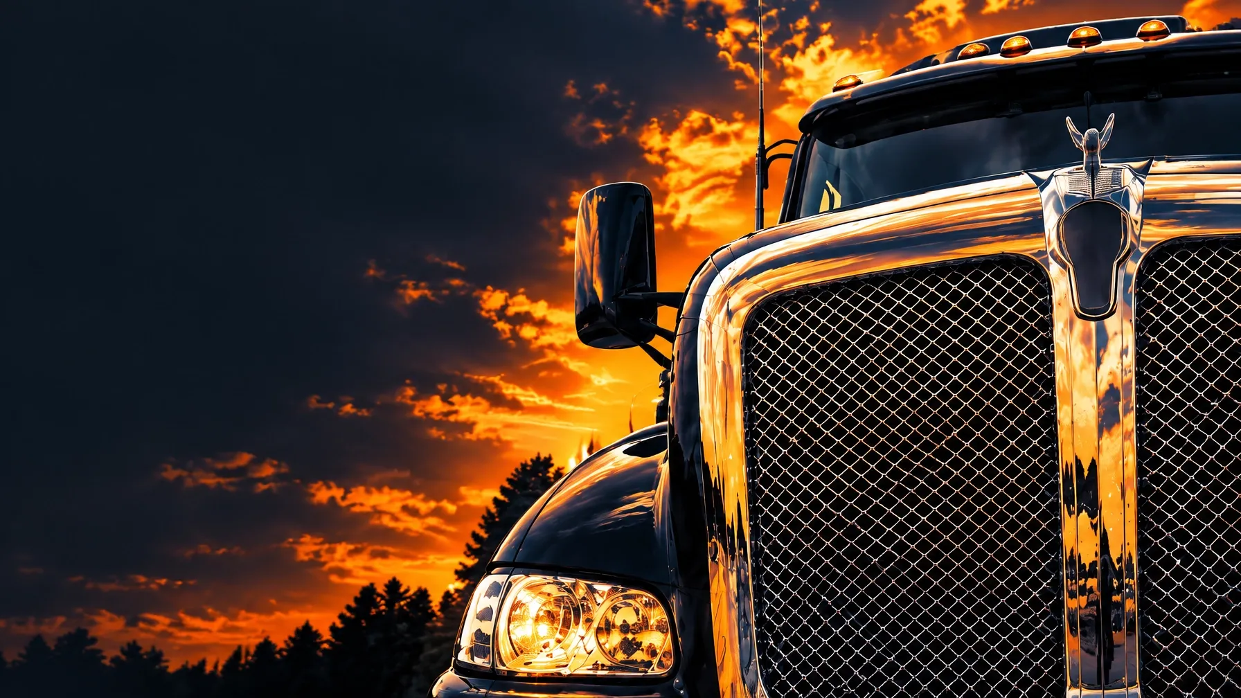 Close-up of a semi truck at an orange sunset